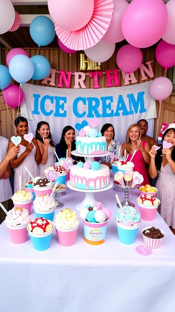 Ice Cream Gender Reveal Party Ideas A colorful ice cream gender reveal party with pink and blue decorations, ice cream bowls, and a cake.
